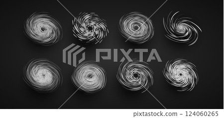 Set of tornado, hurricane, typhoon swirl icons representing extreme weather events. Used for weather forecasts, disaster warnings, meteorology infographics. Dynamic storm effect. Vector illustration Set of tornado, hurricane, typhoon swirl icons representing extreme weather events. Used for weather forecasts, disaster warnings, meteorology infographics. Dynamic storm effect. Vector illustration 124060265