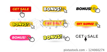 Clickable buttons with GET SALE and BONUS texts. Promotional banners for ecommerce, marketing, special offers. Bright, modern UI design. Vector illustration. Clickable buttons with GET SALE and BONUS texts. Promotional banners for ecommerce, marketing, special offers. Bright, modern UI design. Vector illustration. 124060274