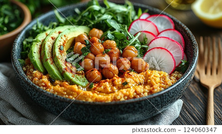 Healthy and colorful vegetarian bowl with chickpeas, avocado, and fresh greens prepared for a nutritious meal 124060347