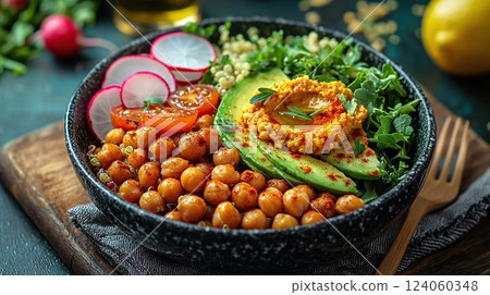 Colorful salad bowl with chickpeas, avocado, and fresh vegetables served on a wooden table 124060348