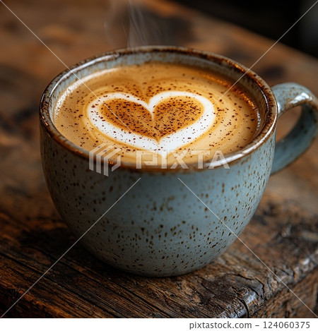 Warm coffee cup with heart latte art resting on a rustic wooden table at a cozy cafe 124060375