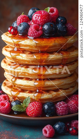 Stack of golden waffles topped with fresh berries and syrup on a rustic table in warm lighting 124060477