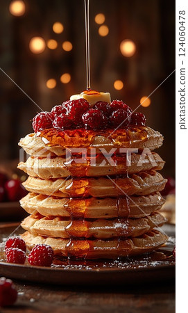 Delicious stack of fluffy pancakes topped with fresh raspberries and maple syrup served on a rustic wooden table 124060478
