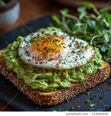 Delicious avocado toast topped with a fried egg served on a stone plate in a cozy cafe setting on a sunny morning 124060480