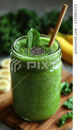 Refreshing green smoothie topped with mint and chia seeds served in a jar with a straw 124060523