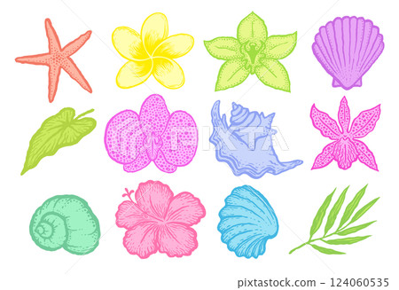Exotic flowers and seashells bright decorative sketches set. Ink hand drawn color vector illustration on white background. Exotic flowers and seashells bright decorative sketches set. Ink hand drawn color vector illustration on white background. 124060535