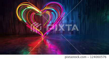 Vibrant Neon Heart Light on Reflective Surface for Romantic Design 124060576