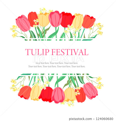 Colorful tulip illustration frame and title. Decorative frame 124060680