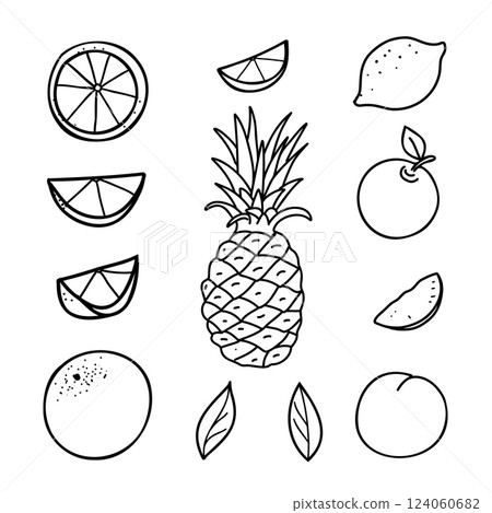 Fruits Set. Lemon, Orange, Pineapple, Apple and Peach. Hand drawn Vector doodle elements of whole Fruits and Cut Slices. Black and White line art isolated on a white background. For product packaging 124060682