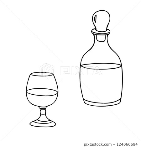 Cognac Decanter or Carafe and Glass set. Hand drawn Vector illustration in Doodle style isolated on a background. A simple minimalist Black and white illustration. Perfect for use in menu and web Cognac Decanter or Carafe and Glass set. Hand drawn Vector illustration in Doodle style isolated on a background. A simple minimalist Black and white illustration. Perfect for use in menu and web 124060684