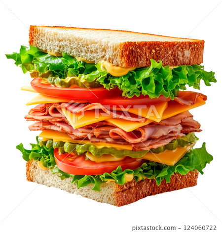 Delicious sandwich with layers of salami, cheese, lettuce, and tomato isolated on a transparent background. Fresh ingredients such as greens, nuts, and spices are flying around. 124060722