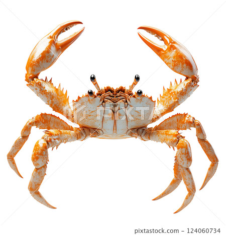 Vibrant orange crab isolated on a transparent background. Close-up of a marine crustacean with raised claws 124060734