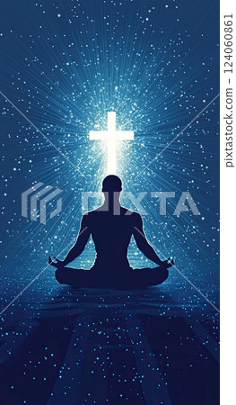 A silhouetted person meditating in a cross-legged position before a radiant glowing cross 124060861