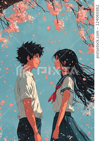 A romantic anime-style illustration of a young couple standing under cherry blossoms A romantic anime-style illustration of a young couple standing under cherry blossoms 124060862
