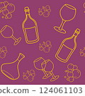 A luxurious and elegant seamless vector artwork where golden silhouettes of wine glasses, bottles and decanters 124061103
