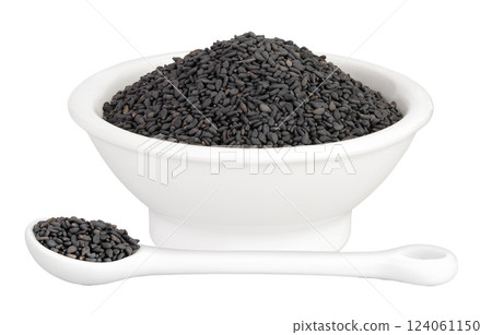 black sesame seeds in ceramic bowl and spoon isolated on white background with full depth of field black sesame seeds in ceramic bowl and spoon isolated on white background with full depth of field 124061150