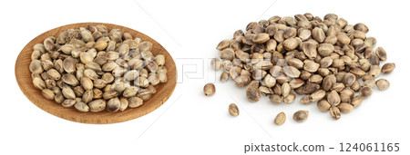 Hemp seeds in wooden bowl isolated on white background with full depth of field 124061165