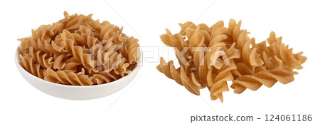 Wolegrain fusilli pasta from durum wheat in bowl isolated on white background with  full depth of field. 124061186
