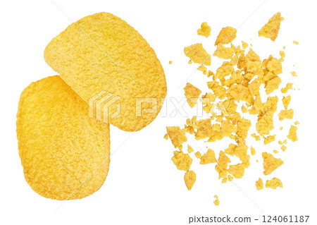 Potato chips isolated on white background with full depth of field. Top view. Flat lay. 124061187