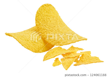 Potato chips isolated on white background with full depth of field. Potato chips isolated on white background with full depth of field. 124061188