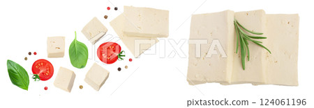 tofu cheese isolated on white background with full depth of field, Top view with copy space for your text. Flat lay 124061196