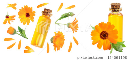 aromatherapy essential oil with marigold flower isolated on white background. Top view. Flat lay. 124061198