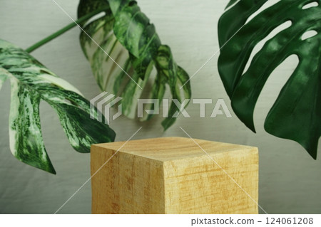 Wooden podium display scene stage showcase front view with copy space and monstera leaves decoration on concrete background 124061208