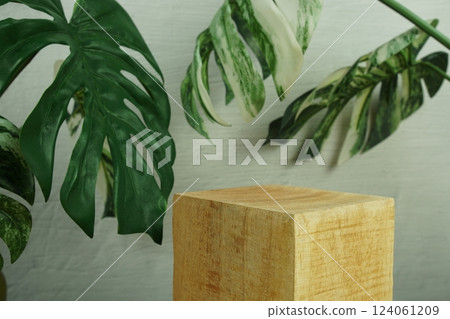 Wooden podium display scene stage showcase front view with copy space and monstera leaves decoration on concrete background Wooden podium display scene stage showcase front view with copy space and monstera leaves decoration on concrete background 124061209