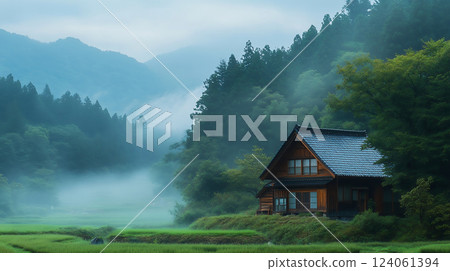 Village mountain shrouded in mist 124061394