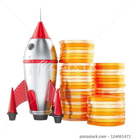 Rocket space ship with stack of golden coins. 3D rendering 124061471