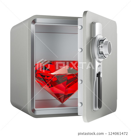 Safe box with red gemstone, 3D rendering 124061472
