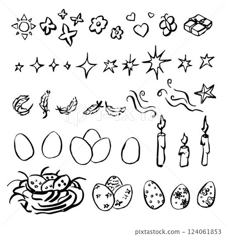 Easter eggs with decorations for them, vector image. Candles in vector. Eggs in doodle style. 124061853