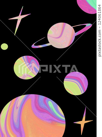 Untitled ArtworkAbstract collage with colourful planets and stars on black night sky. Space, galaxy, parade of planets concept. Vertical backdrop for phone screen. 124061864