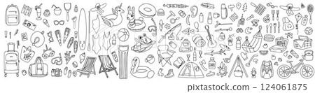 Hand drawn set of summer holiday elements, travel, drawn in doodle style. Illustration for banner, background, icon, logo design. Vector Hand drawn set of summer holiday elements, travel, drawn in doodle style. Illustration for banner, background, icon, logo design. Vector 124061875