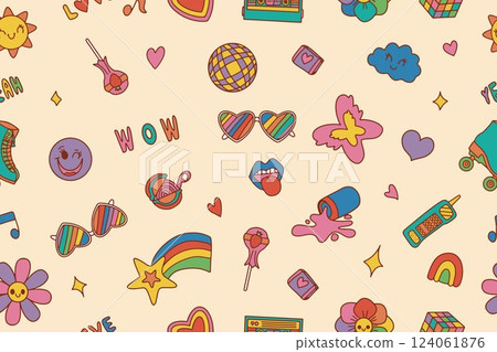 Seamless pattern. Classic 80s 90s elements with a modern twist. Hand drawn vector illustration.  124061876
