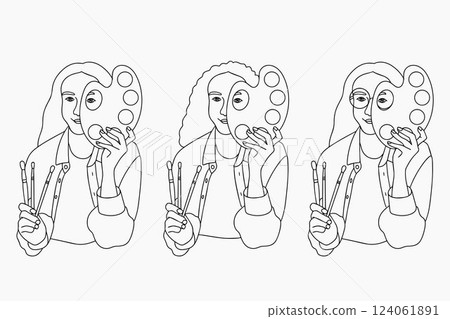 Young woman with palette and art brushes in her hands. Artist workflow concept. Artist logo. Doodle style drawing on white background Young woman with palette and art brushes in her hands. Artist workflow concept. Artist logo. Doodle style drawing on white background 124061891