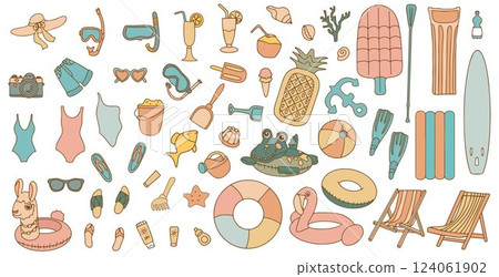 Colorful elements of beach items and accessories in doodle style. Hand drawn beach items and sports equipment. Vector 124061902
