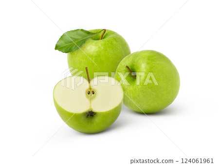 Green apples isolated. Whole apple with half and leaf 124061961