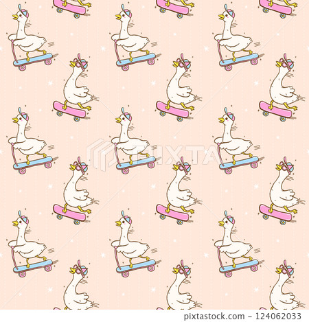 Cute Retro Silly Goose on the loose Seamless Pattern Playful Goose ride skatboard an scooter Wallpaper Hand drawn 124062033