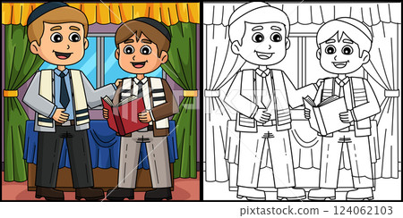 Bar Mitzvah Boy with a Rabbi Coloring Illustration 124062103