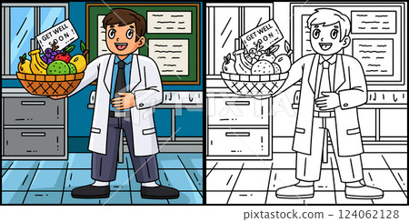 Doctor with Basket of Fruits Coloring Illustration Doctor with Basket of Fruits Coloring Illustration 124062128