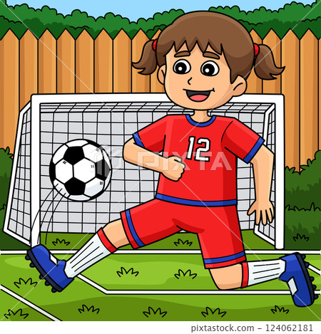 Female Soccer Player Goal Colored Cartoon  124062181