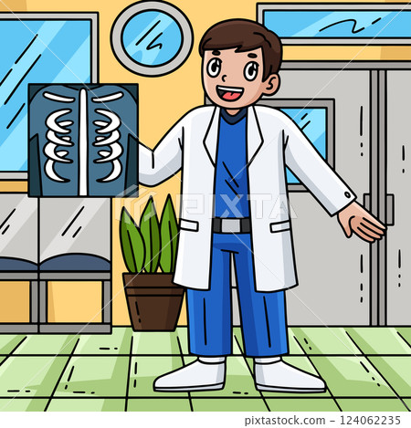 Doctor with X-Ray Film Colored Cartoon  124062235