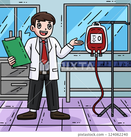 Doctor with Blood Donation Colored Cartoon Doctor with Blood Donation Colored Cartoon 124062240