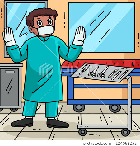 Surgeon Doctor with Surgical Tools Colored Cartoon Surgeon Doctor with Surgical Tools Colored Cartoon 124062252