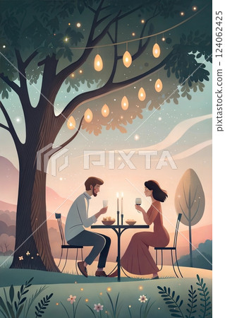 Couple Enjoying a Romantic Dinner Under Twinkling Lights in a Serene Outdoor Setting at Dusk 124062425
