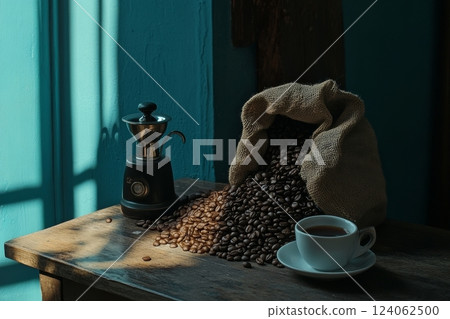 Rustic coffee scene with grinder, burlap sack, and cup on wooden table. Rustic coffee scene with grinder, burlap sack, and cup on wooden table. 124062500