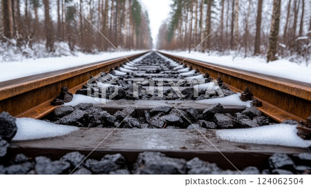 Snow-covered railroad tracks in winter forest landscape. 124062504