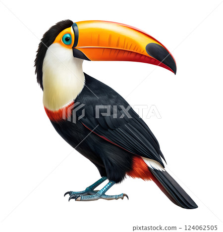 A toucan with a large beak stands elegantly on a transparent background 124062505