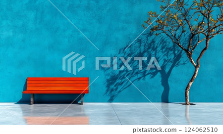 Red bench and tree shadow against vibrant blue wall on sunny day. 124062510